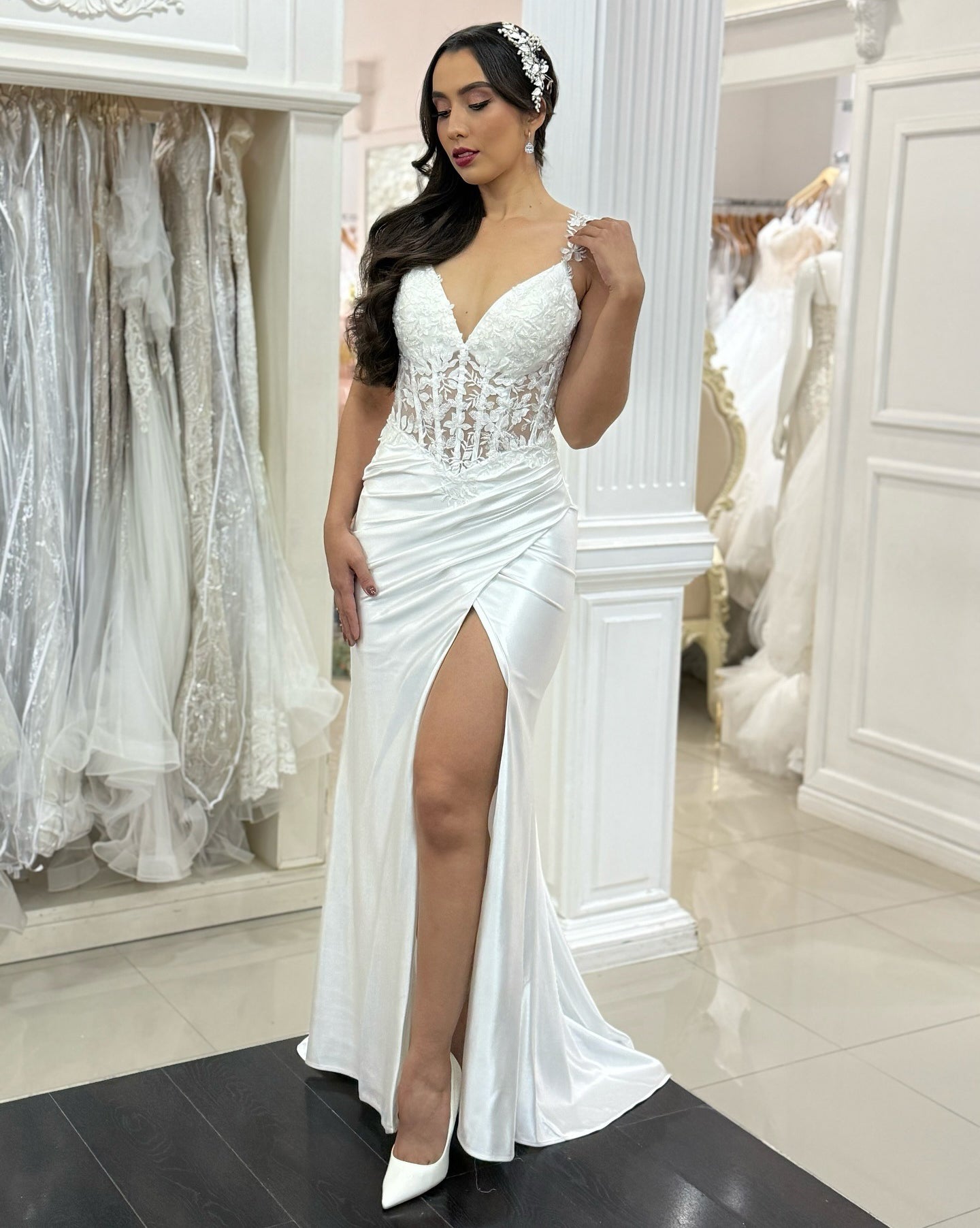 Women's V Neck Satin Lace Corset Wedding Dresses Side Slit Wedding Gowns for Bride HE1060