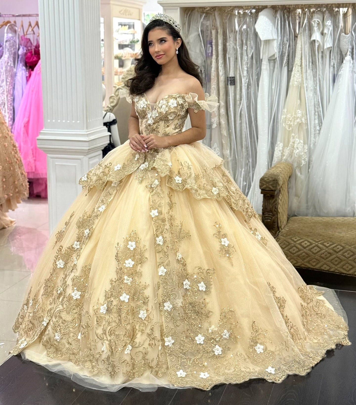 Princess Ball Gown Tulle 3D Flower Quinceanera Dresses Gold Sweet 16 Party Gowns HE1072