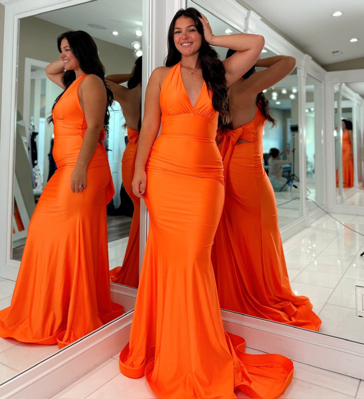 Satin V Neck Prom Dresses Long Mermaid Sexy Backless Formal Evening Gowns HE1134