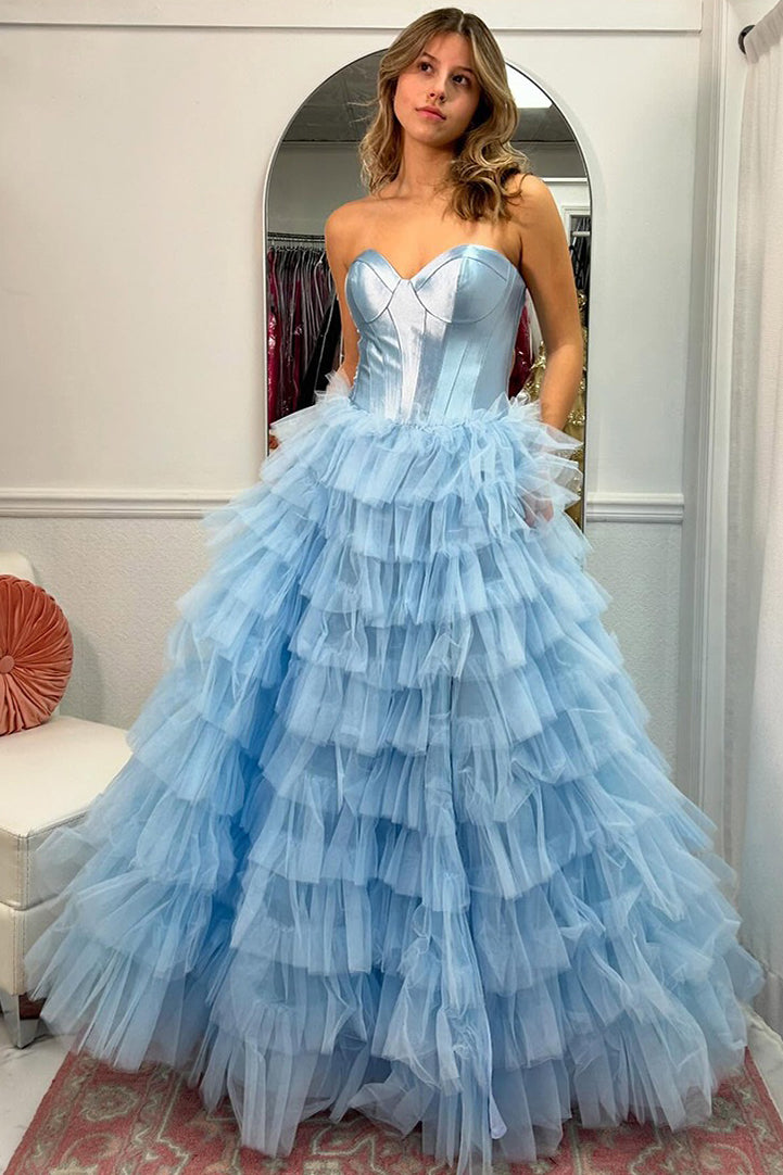 HE044-Vestido de fiesta de tul con escote en forma de corazón y abertura en azul cielo, largo, con volantes, sin tirantes, para mujer