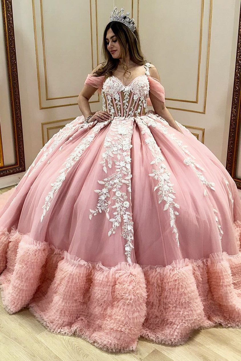Pink Quincenera Dresses Tulle Lace Appliques Beaded Party Dress for Sweet 16 HE071