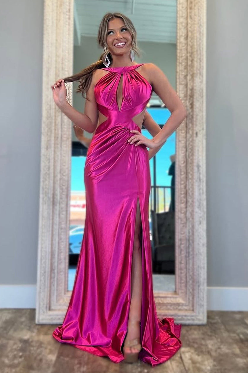 HE033-Sheath Satin Long Prom Dresses with Slit Halter Neck Evening Party Gowns Sexy Backless Formal Dresses for Women