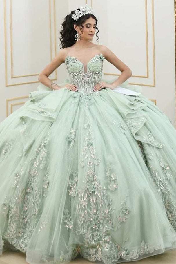 HE074 - Hermoso vestido de quinceañera con escote corazón y mangas cortas, apliques de encaje de tul, ideal para fiestas de graduación de cumpleaños de 16 años