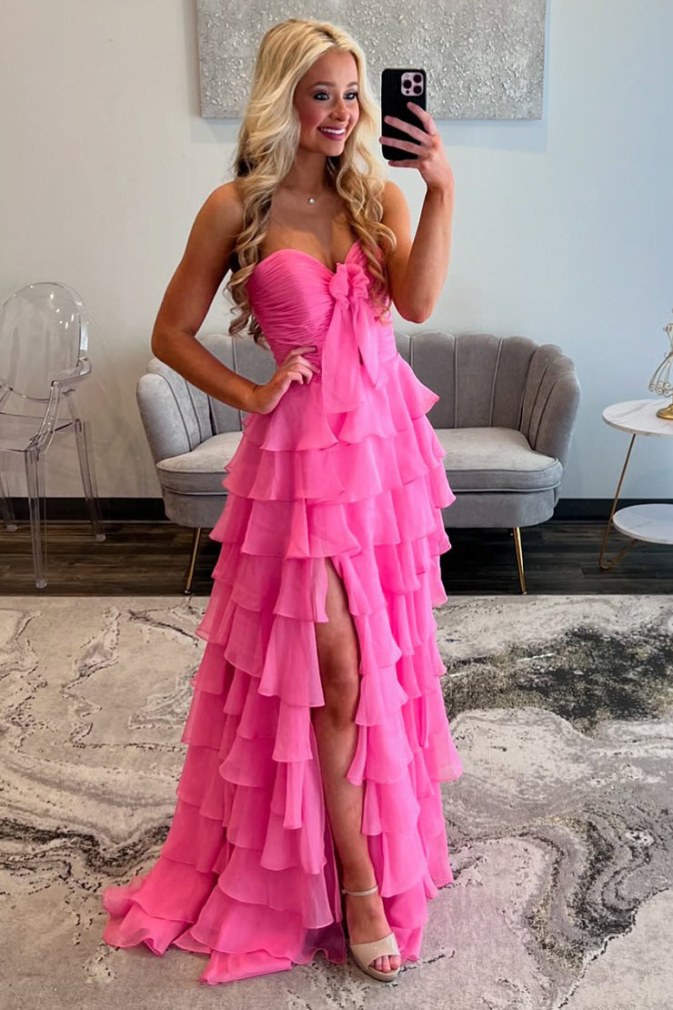 A-Line Chiffon Long Prom Dress with Slit Strapless Ruffles Evening Gow Hebebridal A-Line Chiffon Long Prom Dress with Slit Strapless Ruffles Evening Gow Hebebridal