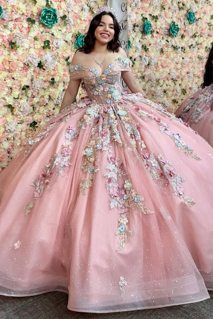 Pink Quinceanera Dresses Ball Gown 3d Flower Appliques Party Dresses for Sweet 16 HE084