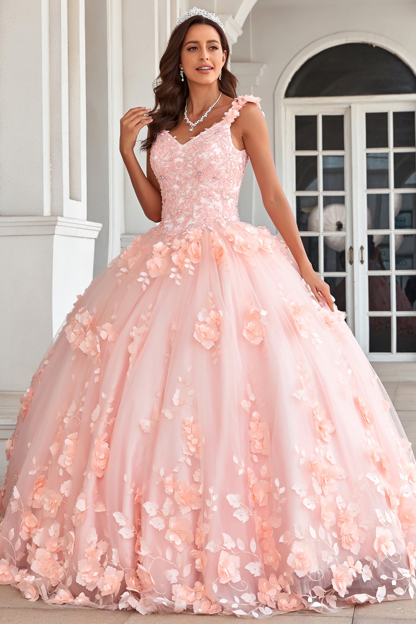HE077-Ball Gown Blush Pink Quinceanera Dresses Tulle 3d Flower Appliques Beaded Sweet 16 Birthday Gowns