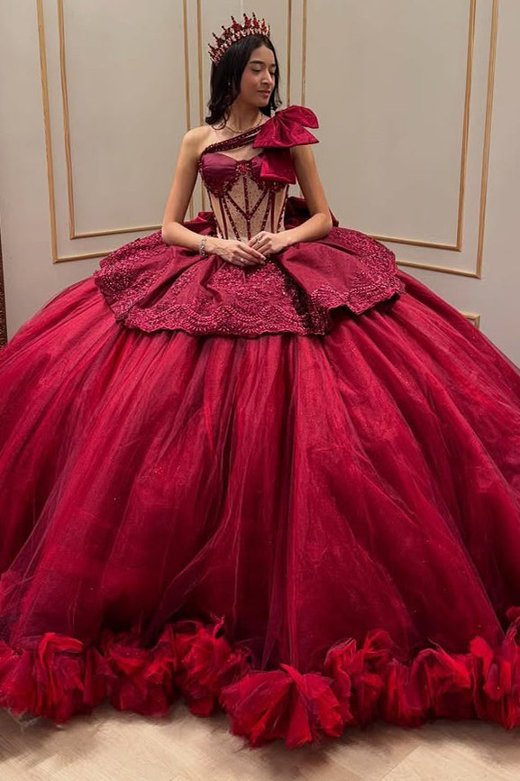 Burgundy One Shoulder Quinceanera Dresses Tulle Beaded Sweet 16 Prom P Hebebridal Burgundy One Shoulder Quinceanera Dresses Tulle Beaded Sweet 16 Prom P Hebebridal