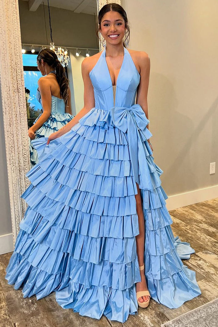 A-Line Corset Prom Dresses Long Tiered V Neck Evening Dress with Slit Hebebridal A-Line Corset Prom Dresses Long Tiered V Neck Evening Dress with Slit Hebebridal