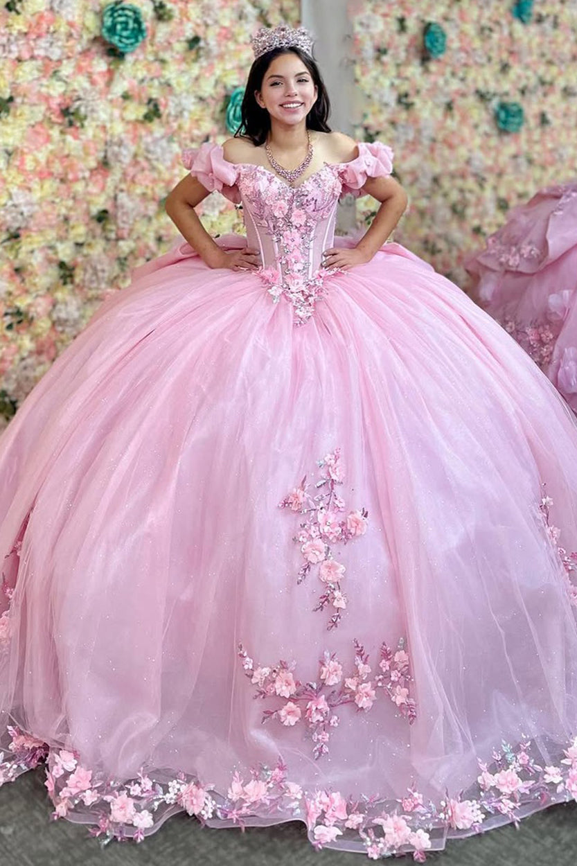 HE058-Vestido de quinceañera rosa con hombros descubiertos, apliques de flores 3D de tul, ideal para fiestas de cumpleaños y dulces 16