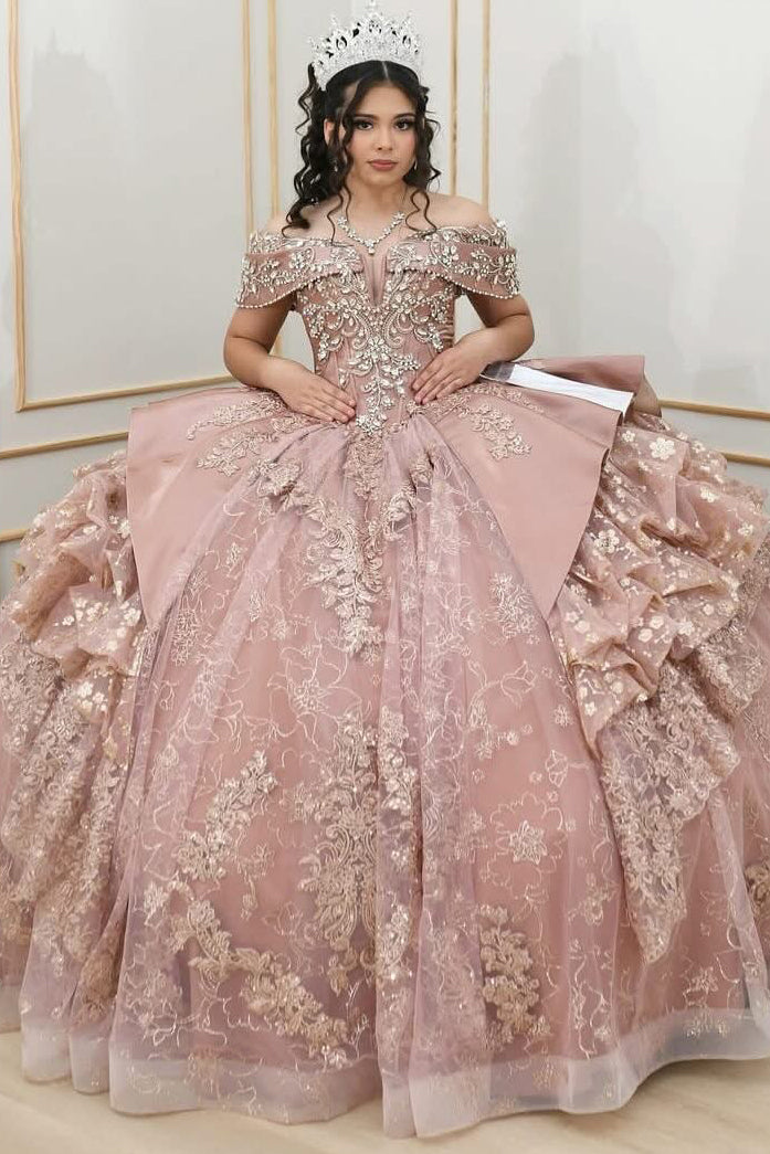 HE075 - Vestidos de quinceañera con apliques de tul y cuentas en los hombros descubiertos para galas de 16 años, fiestas de graduación y cumpleaños