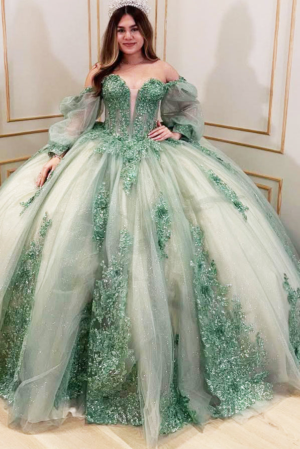HE051-Green Lace Appliques Beaded Quinceanera Dresses Ball Gown Long Sleeves Sweet 16 Birthday Party Dress