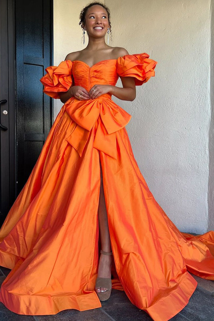 Ball Gown Satin Long Prom Dresses Side Slit Evening Dresses for Women HE035