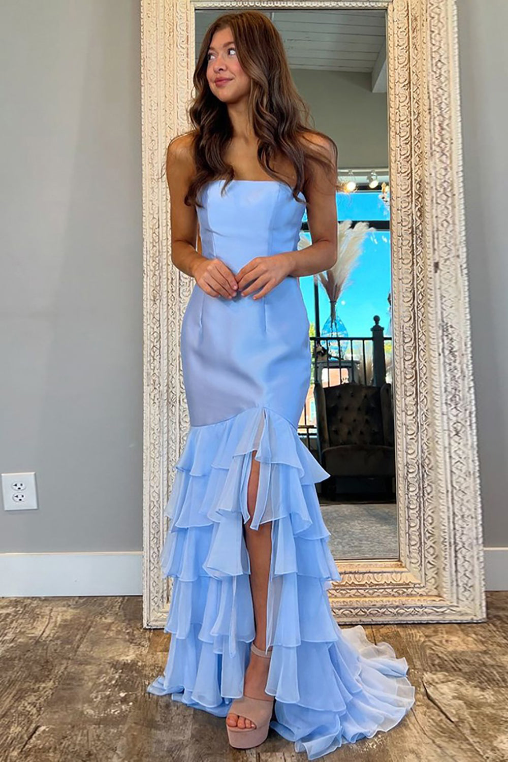 mermaid chiffon prom dress Yellow Mermaid Sweetheart Chiffon Ruffled Long Prom Dresses with Keyholes Aqua / 12