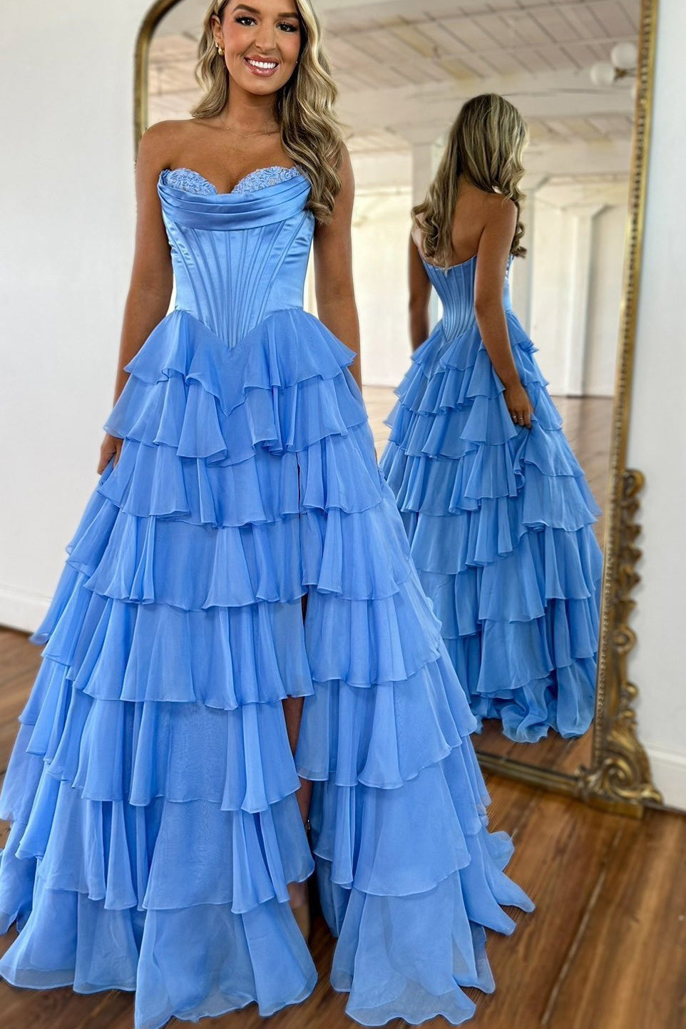 Sweetheart Prom Dresses Long for Women Chiffon Appliques Ruffles Party – Hebebridal