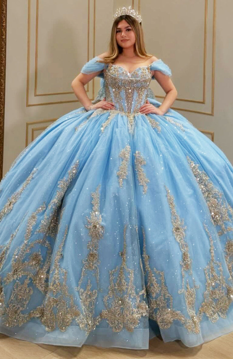 HE072-Vestido de quinceañera con apliques de encaje y tul azul, vestido de fiesta, vestido de fiesta con hombros descubiertos, vestido de fiesta de cumpleaños de 16 años