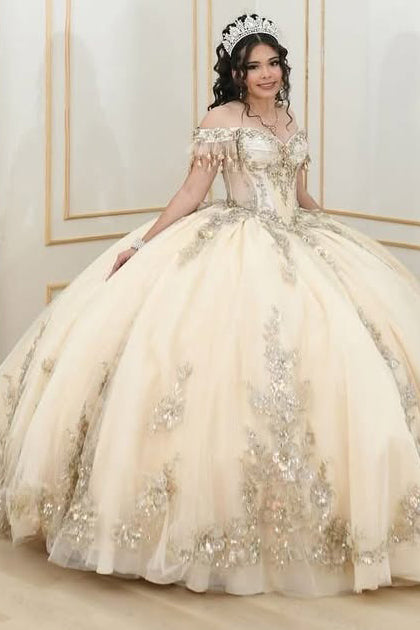 HE065-Champagne Off Shoulder Tulle Beaded Quinceanera Dresses Ball Gown Lace Appliqued Prom Party Birthday Gowns for Swet 16