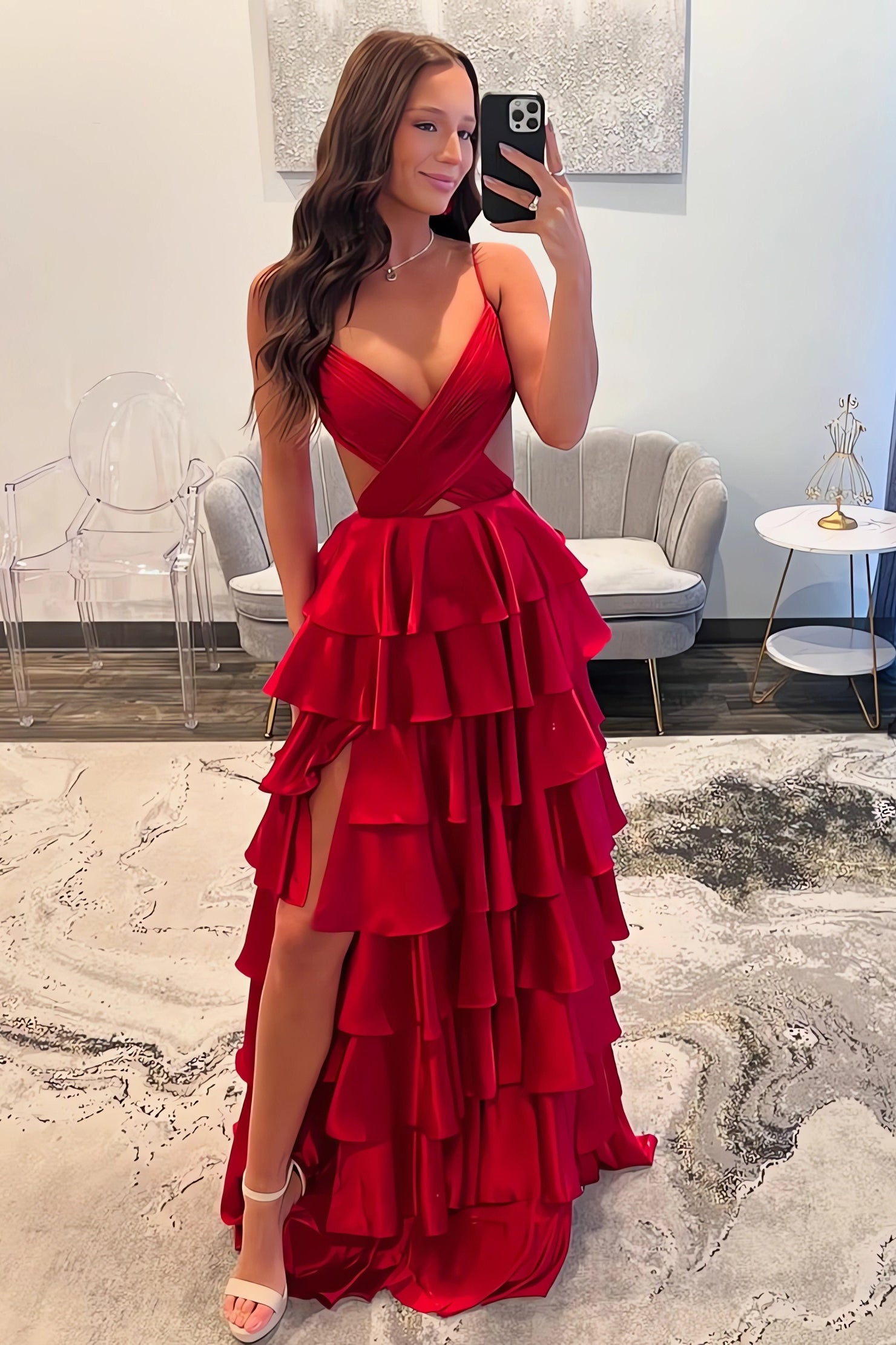 A-Line Prom Dresses Long Tiered Pleated V Neck Evening Party Dresses w Hebebridal A-Line Prom Dresses Long Tiered Pleated V Neck Evening Party Dresses w Hebebridal