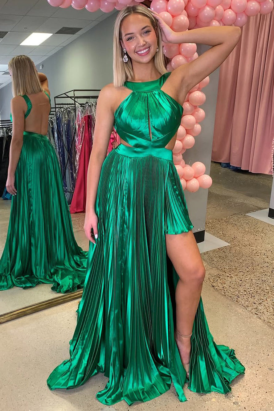 Metallic Satin Long Prom Dresses with Slit Halter Neck Evening Dresses – Hebebridal Metallic Satin Long Prom Dresses with Slit Halter Neck Evening Dresses – Hebebridal