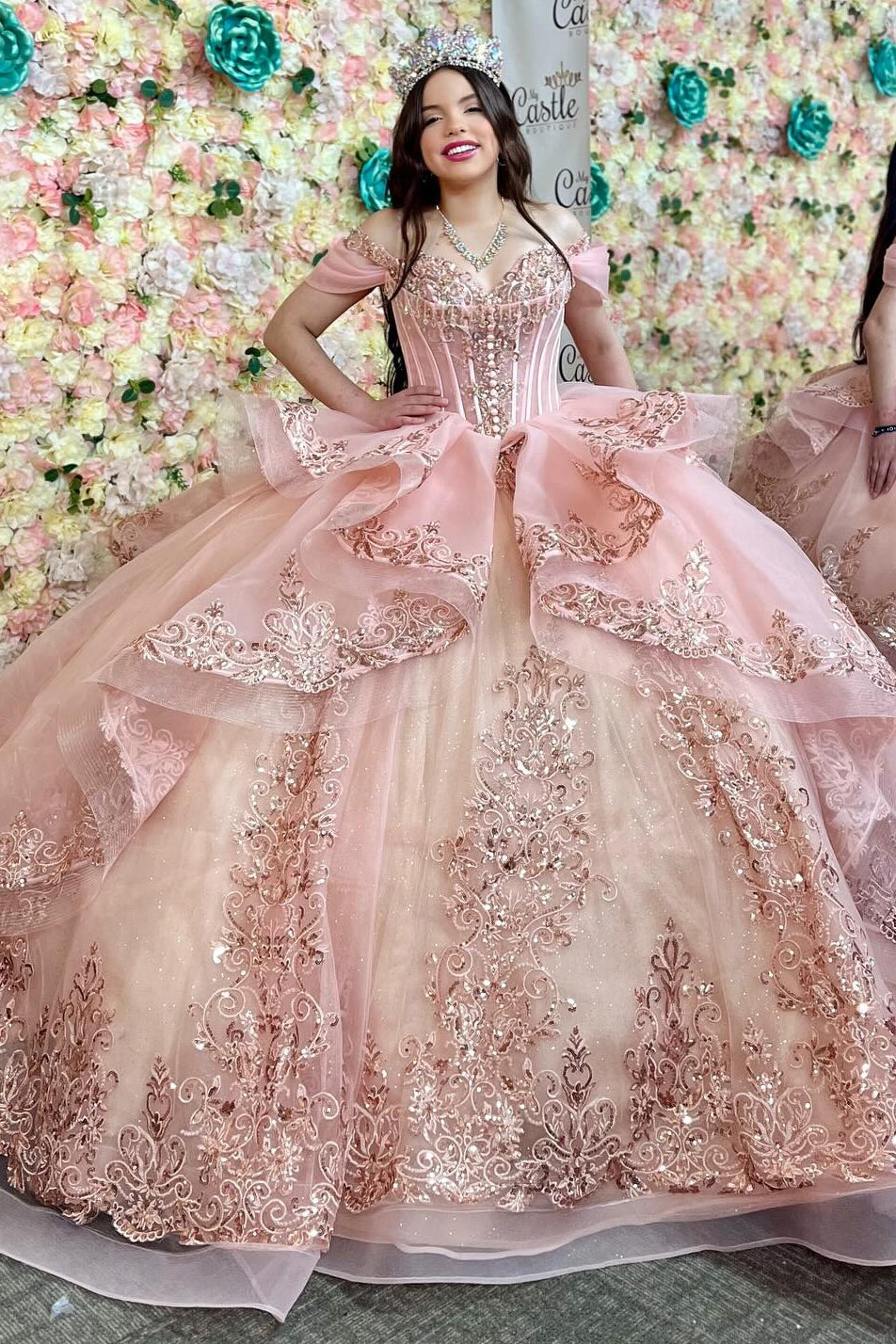 HE086 - Hermosos vestidos de quinceañera con apliques de encaje, tul con hombros descubiertos y volantes de cuentas, ideal para fiestas de cumpleaños de 16 años.