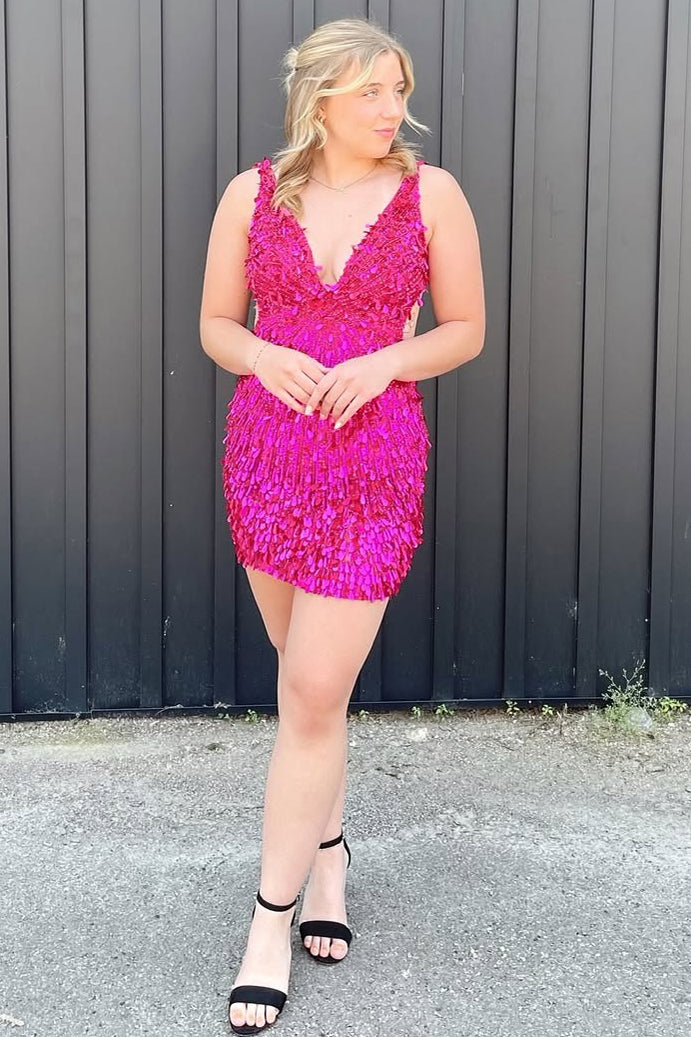 Vestidos de cóctel con lentejuelas y escote en V profundo hasta la rodilla, vestidos de fiesta HE567