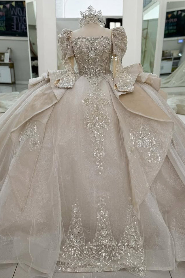 Vestido de quinceañera con tul color champán y encaje con cuentas, vestido de fiesta estilo princesa con escote corazón HE429