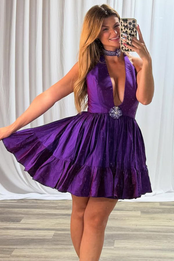 Vestidos de fiesta de satén con escote en V y corte A hasta la rodilla HE570