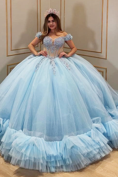 Gergeous Quinceanera Dresses Sky Blue Tulle Ruffle Beaded Sweet 16 Party Dresses HE152