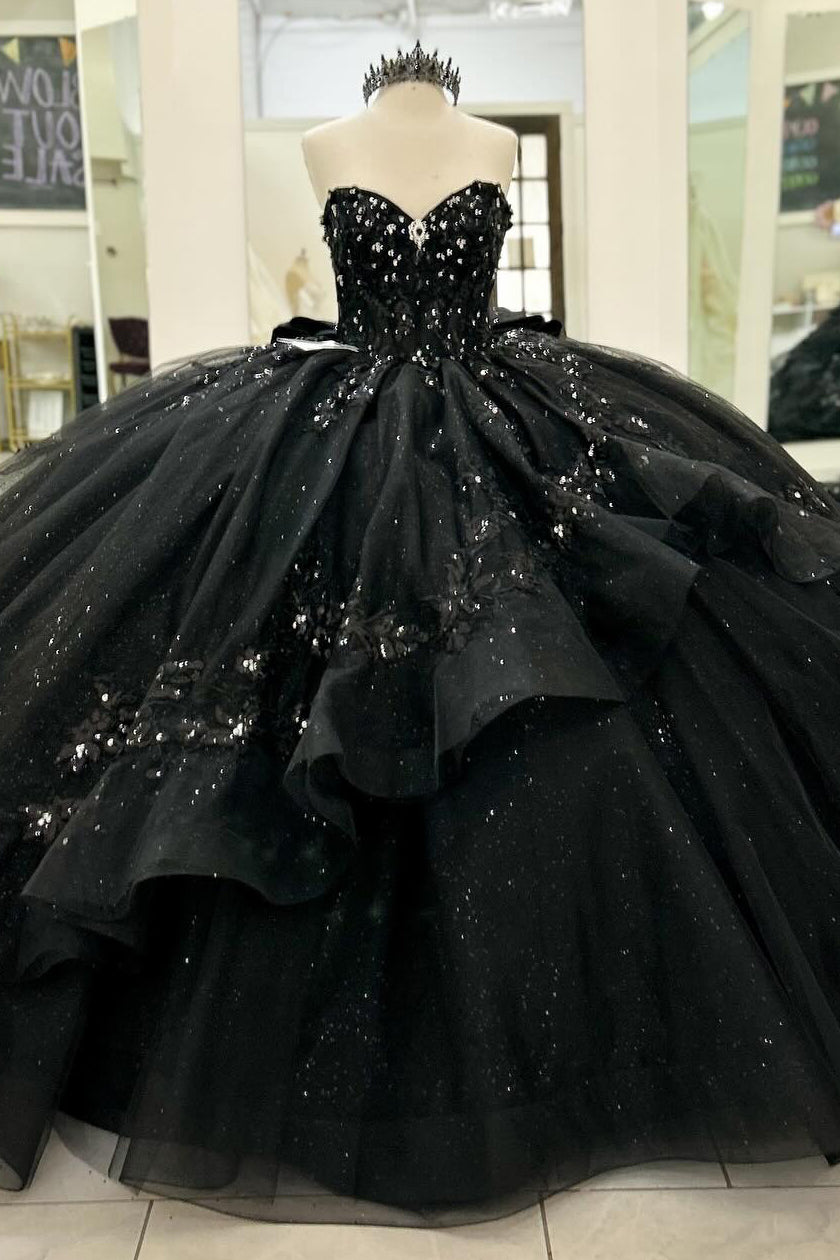 HE211-Vestido de quinceañera de princesa negro con escote en forma de corazón, vestido de fiesta de cumpleaños con apliques de encaje de tul, vestido de dulces 16