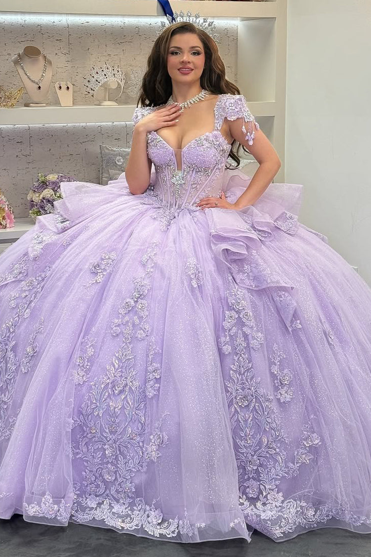Lilac Sweetheart Quinceanera Dresses Tulle Lace Appliqued Sweet 16 Party Gowns HE233