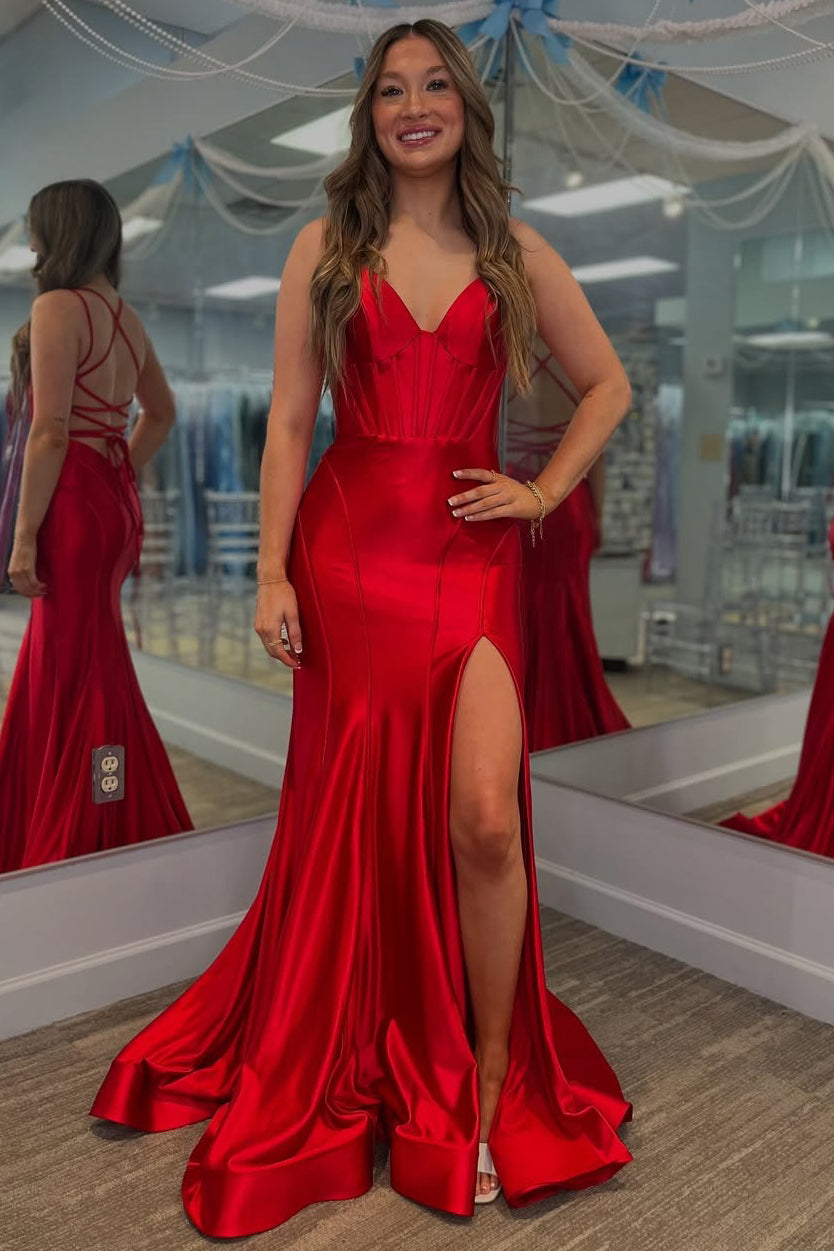 Women's Satin Long Prom Dresses with Slit Mermaid V Neck Evening Gowns HE203