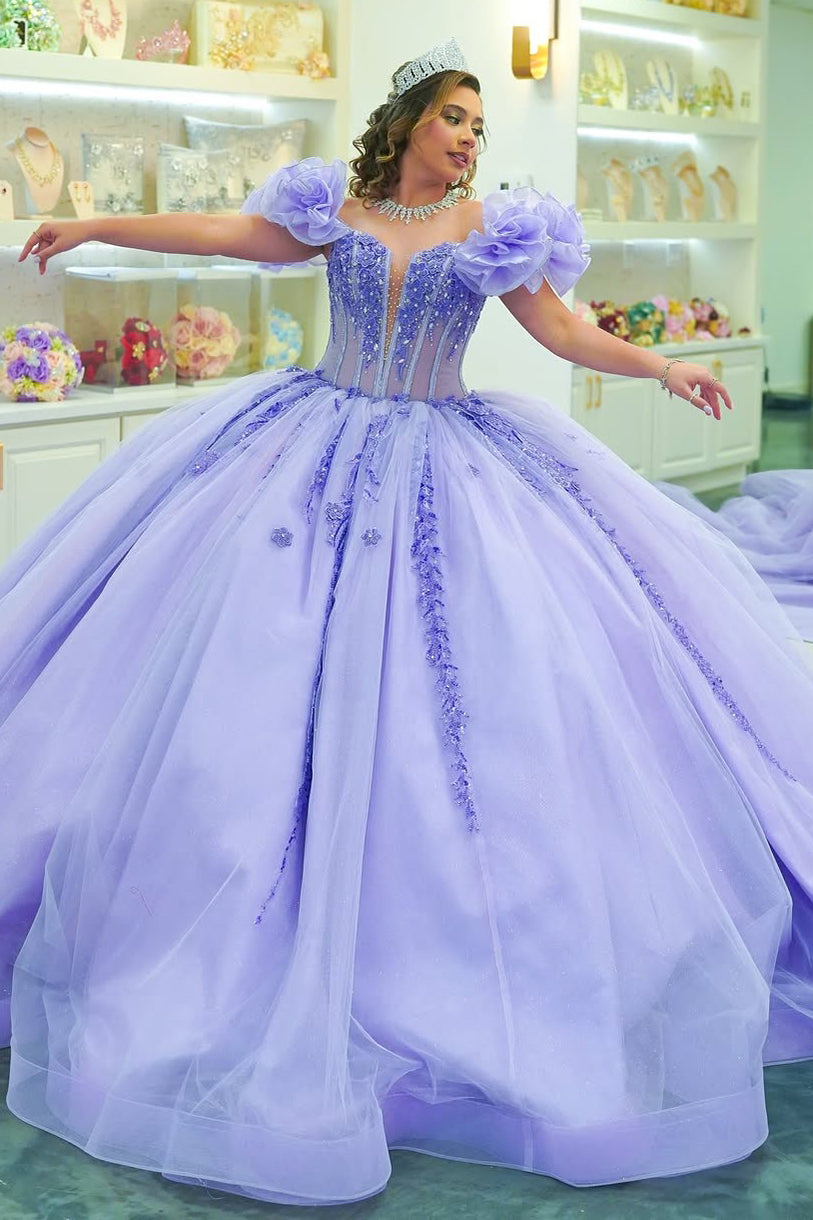 Sweetheart Lilac Quinceanera Dresses Tulle Lace Appliques Sweet 16 Party Gowns HE095