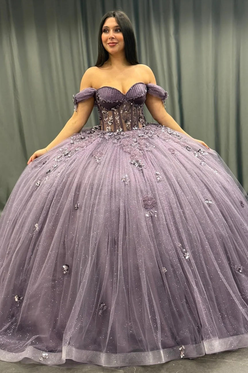 HE167 - Hermoso vestido de quinceañera con hombros descubiertos, vestido de baile de tul con encaje y cuentas, vestido de princesa para fiesta de cumpleaños y graduación para dulces 16