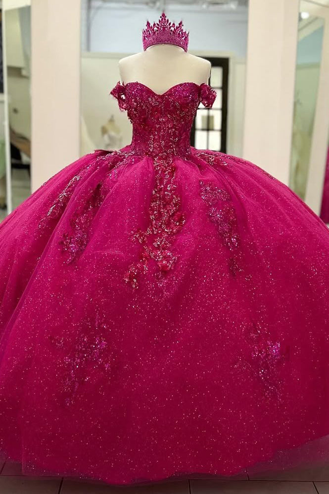 HE225 - Vestido de quinceañera de princesa con hombros descubiertos y apliques de encaje de tul, sin mangas