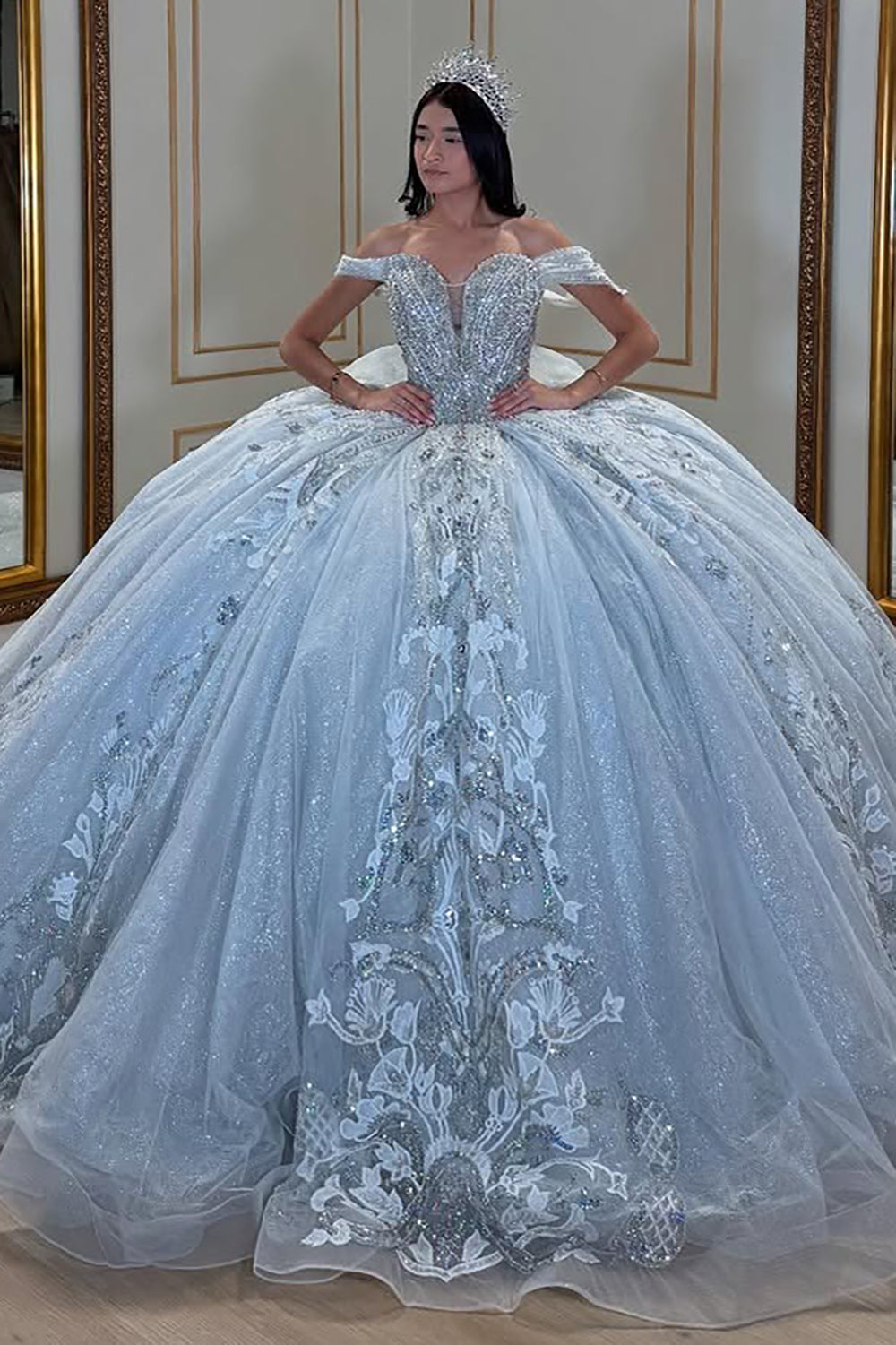 Tulle Lace Appliqued Princess Off Shoulder Quinceanera Dresses for Sweet 16 HE680