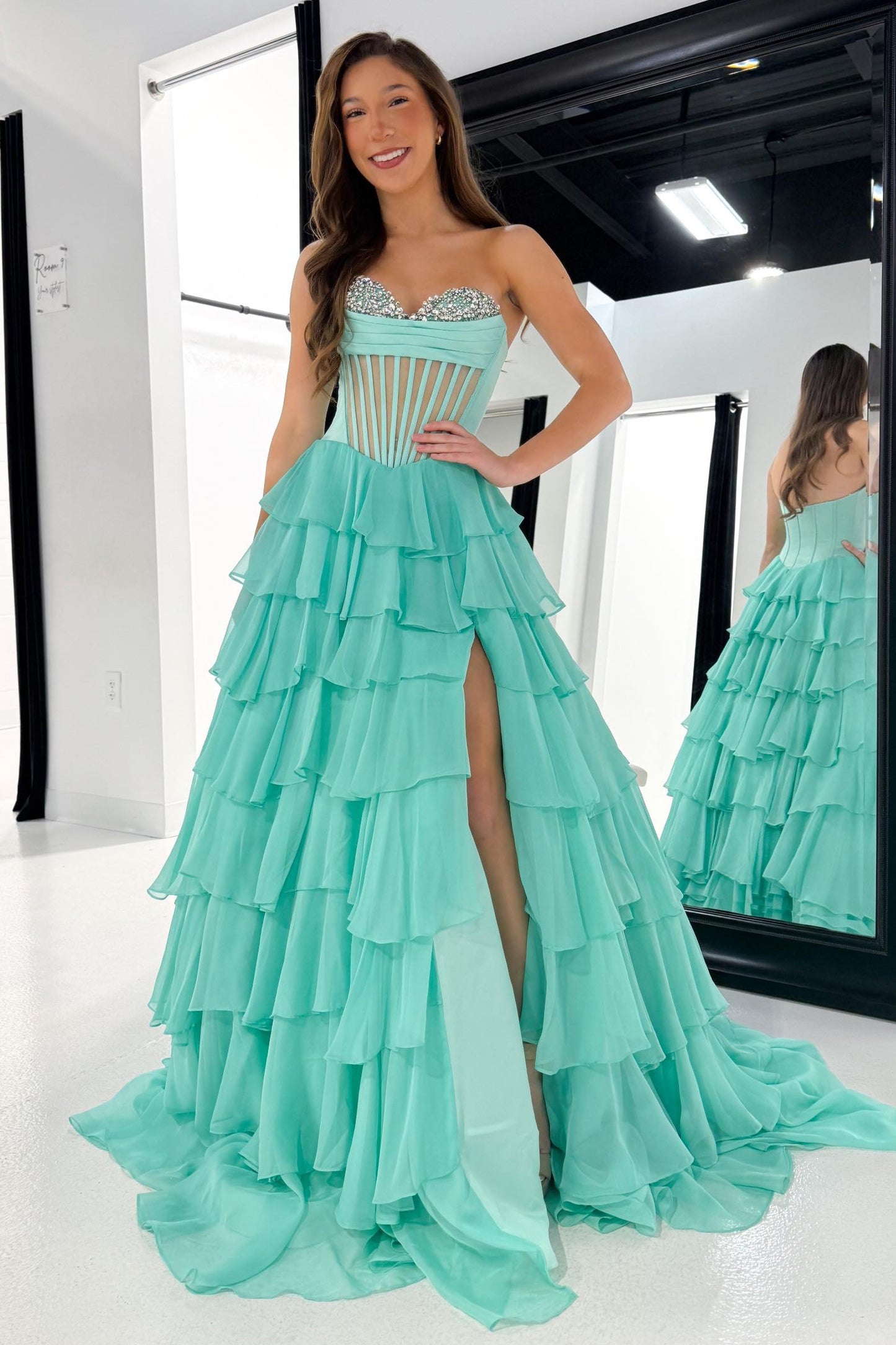 HE178-Vestido de fiesta largo de gasa con escote en forma de corazón, lentejuelas y cuentas, con abertura en forma de A, volantes, corsé, talla grande