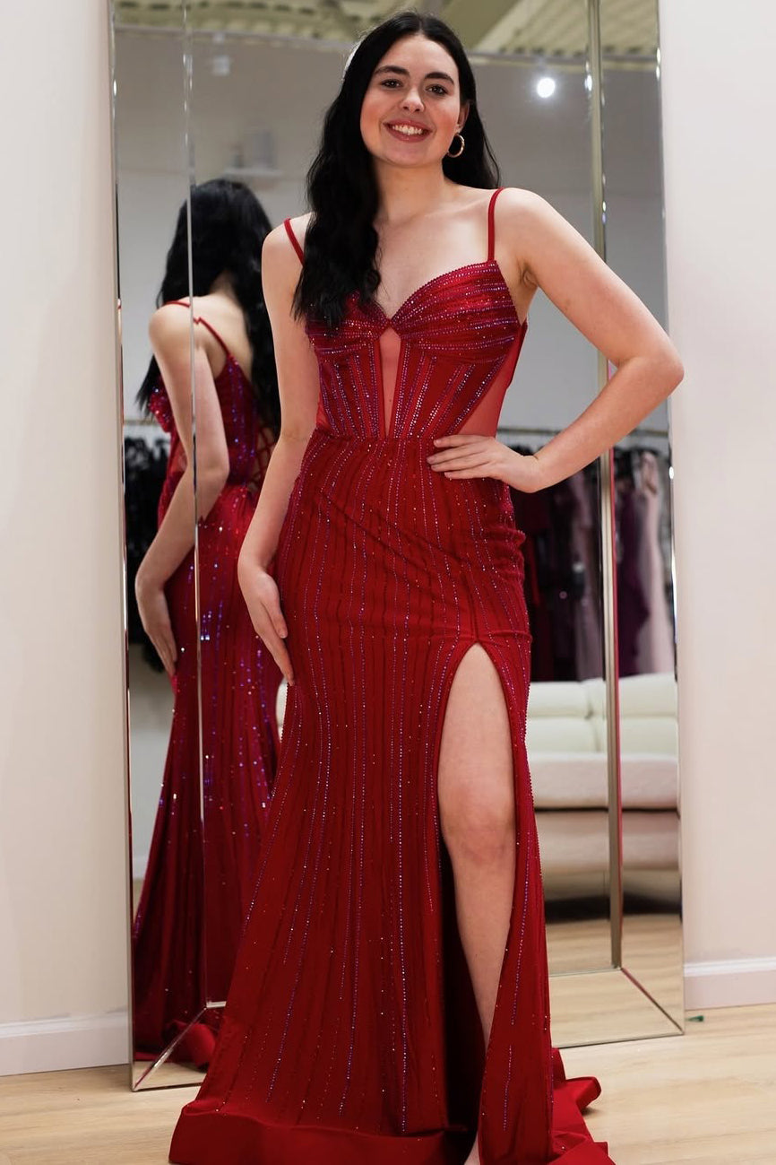 HE257-Mermaid Beaded Prom Dresses Long with Slit Corset Satin Sequin Formal Gowns Plus Size Evening Party Dresses