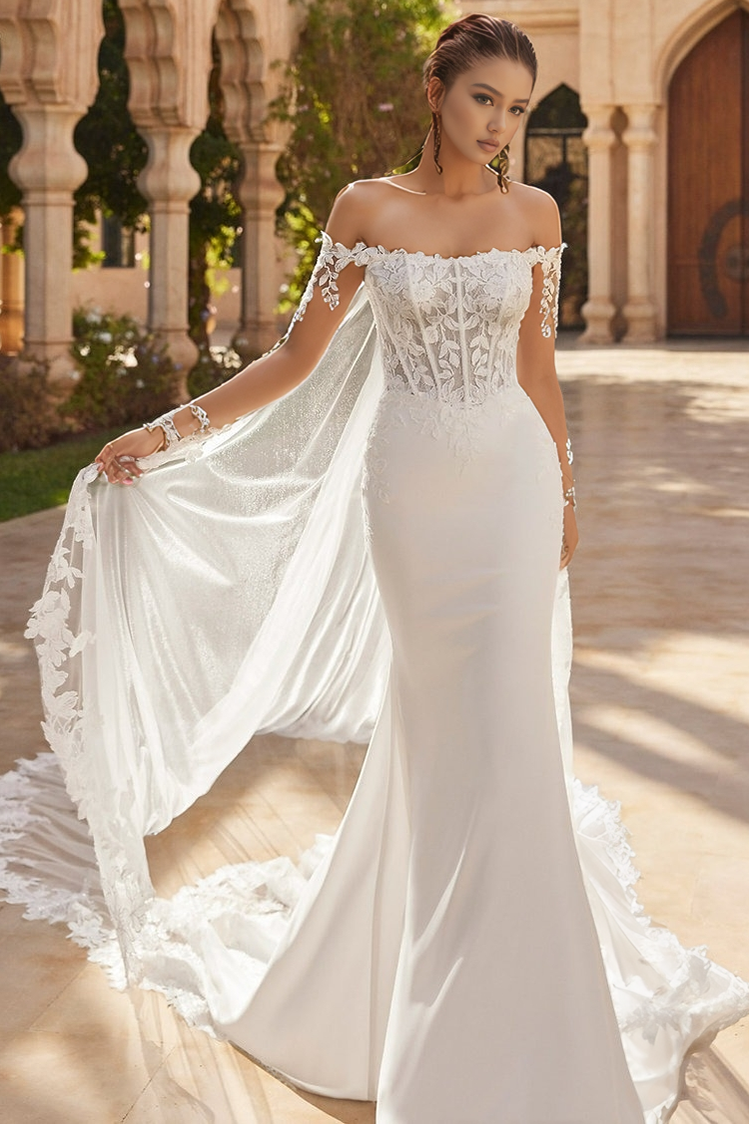 Mermaid Satin Lace Corset Off Shoulder Boho Wedding Dresses for Bride Hebebridal Mermaid Satin Lace Corset Off Shoulder Boho Wedding Dresses for Bride Hebebridal