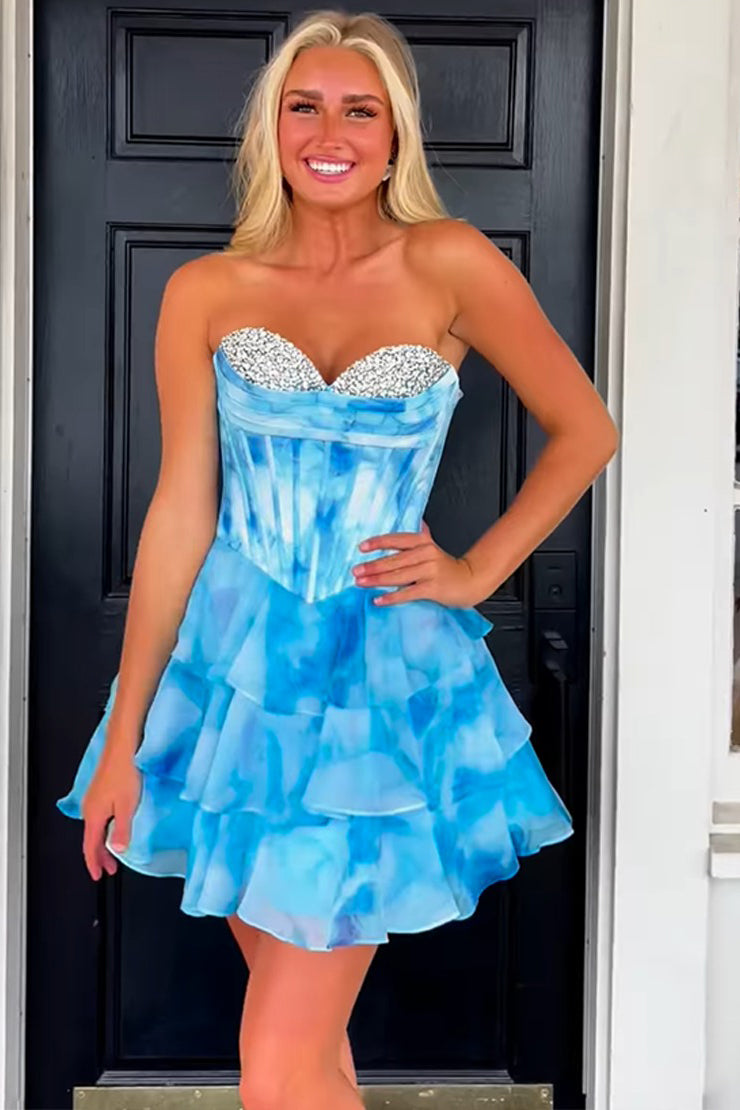 Vestido de fiesta con escote en forma de A, con corsé, floral, blanco y azul, con cuentas, HE584