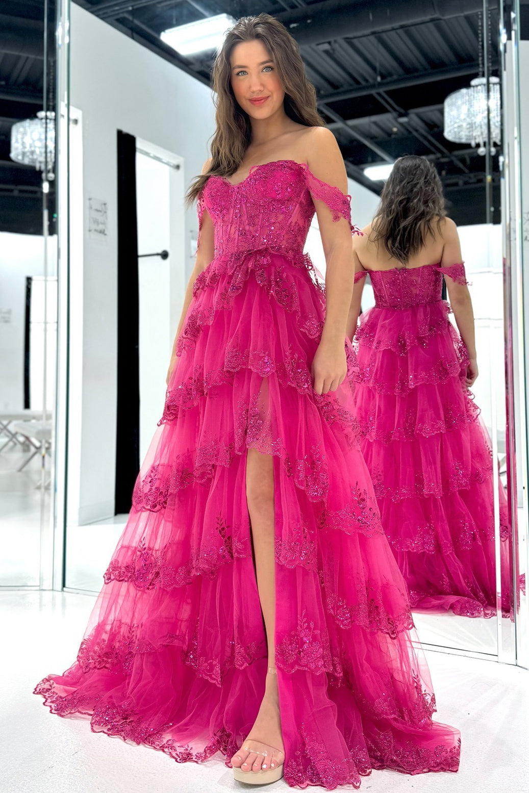 Tulle Lace Appliques Prom Dresses Long A Line Evening Gowns with Ruffles HE191
