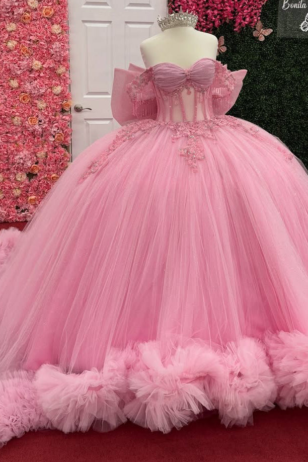 HE094-Vestido de quinceañera con volantes de tul y hombros descubiertos, vestido de fiesta con escote corazón, sin mangas, precioso vestido de fiesta para dulces 16