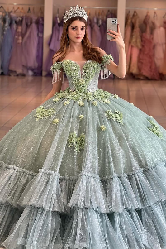Glittery Tulle 3d Flower Green Princess Sweet 16 Quinceanera Dresses with Ruffles HE696
