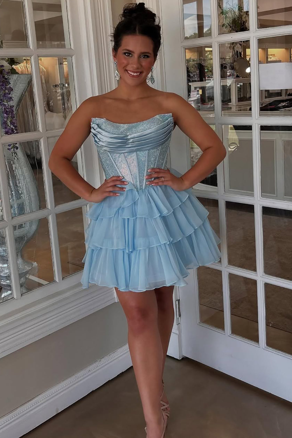 Sparkly Chiffon Ruffled Corset A Line Short Homecoming Dress with Beading HE652