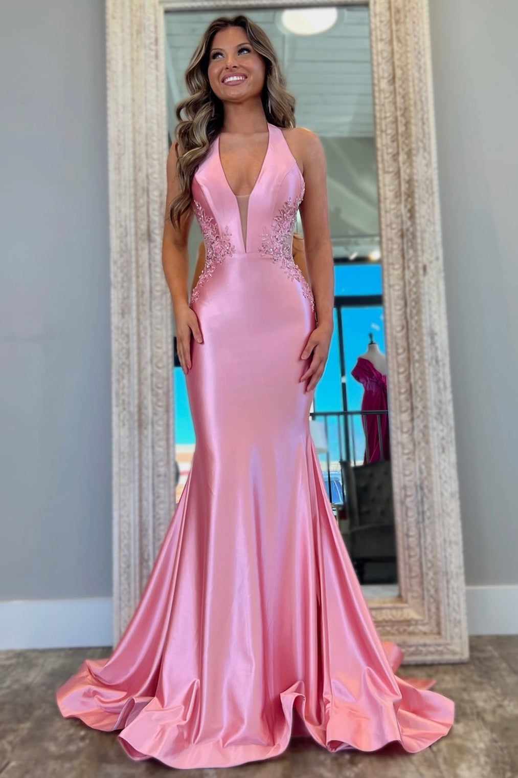 HE124 - Vestidos de fiesta largos y sexys con escote en V profundo para mujer, vestidos de noche de satén con apliques de encaje, vestidos de fiesta formales de talla grande estilo sirena