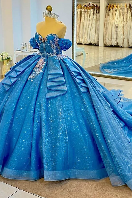 Blue Off Shoulder Glittery Tulle Appliqued Beaded Quinceanera Dress for Sweet 16 HE691