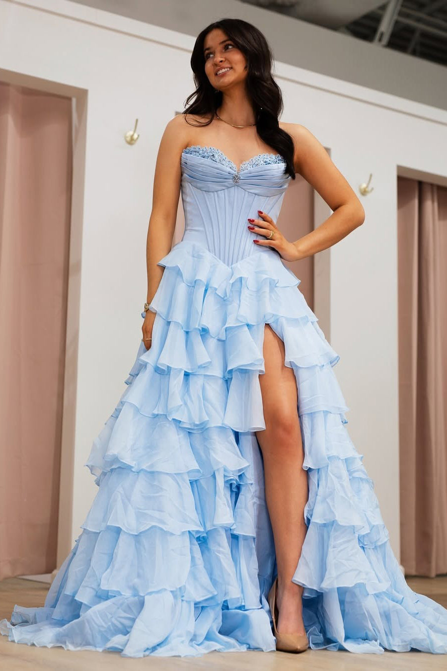 Sweetheart Chiffon Ruffles Prom Dresses A Line Beaded Party Dresses wi Hebebridal Sweetheart Chiffon Ruffles Prom Dresses A Line Beaded Party Dresses wi Hebebridal