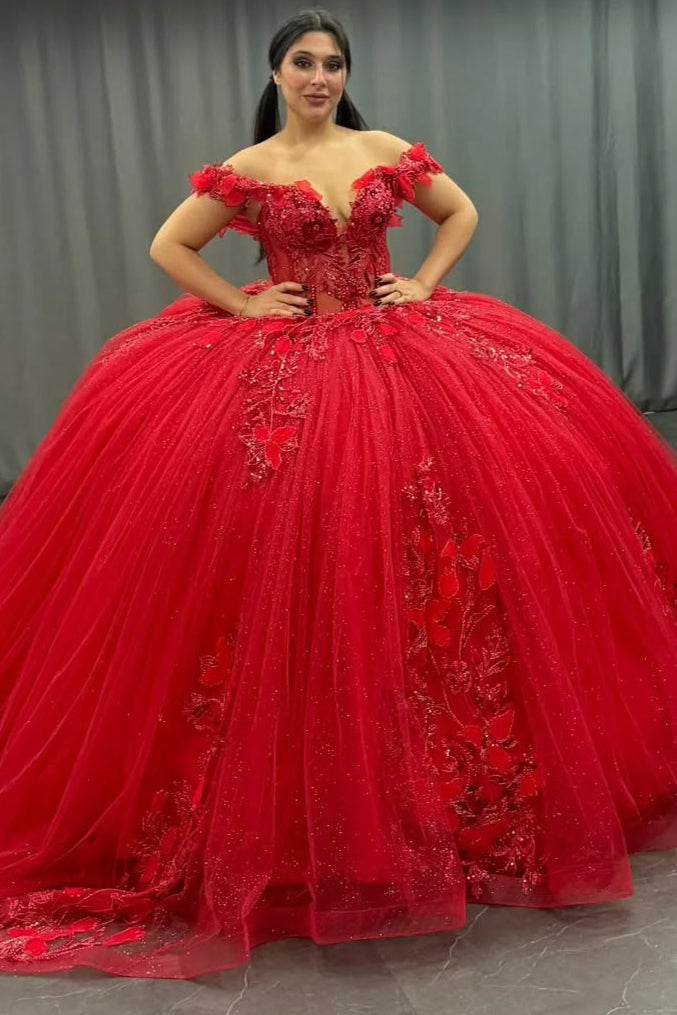 HE153-Vestido de quinceañera rojo con hombros descubiertos, tul, encaje, cola larga, estilo princesa, para fiesta de cumpleaños