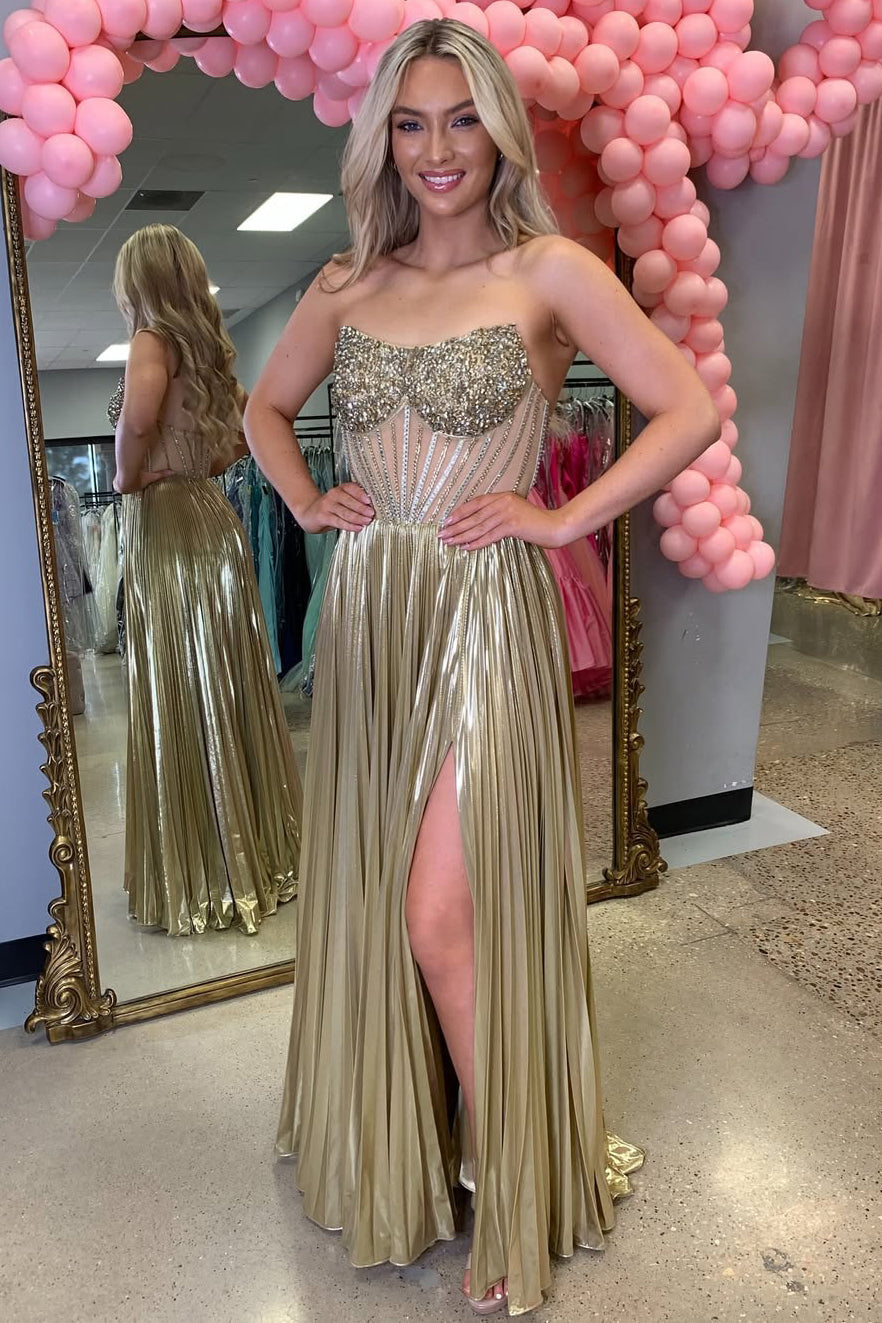 Metallic Long Prom Dresses with Slit Corset Sequin Beaded Evening Party Dresses HE189