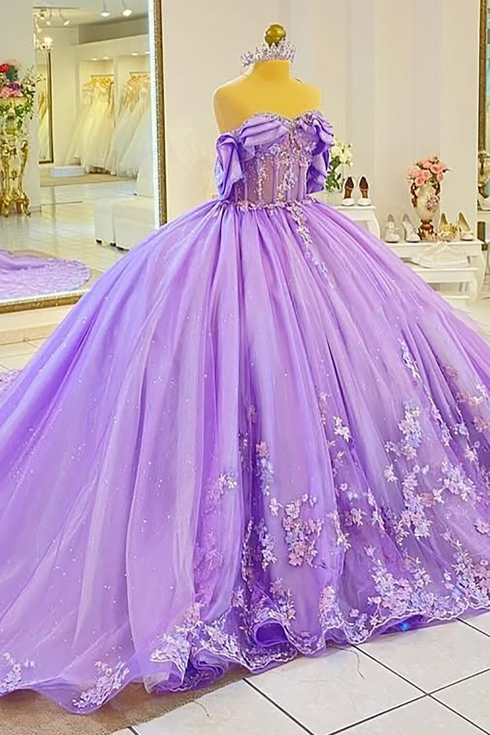 Off Shoulder Lilac Tulle Appliqued Sweet 16 Quinceanera Dresses with Long Train HE690