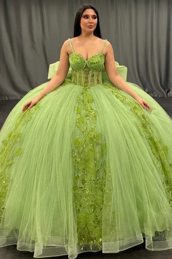 HE159-Vestido de quinceañera verde con apliques de encaje de tul y lazo para fiesta de cumpleaños de princesa