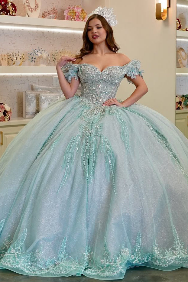 Off Shoulder Green Quinceanera Dresses Tulle Lace Beaded Sweet 16 Part Hebebridal Off Shoulder Green Quinceanera Dresses Tulle Lace Beaded Sweet 16 Part Hebebridal
